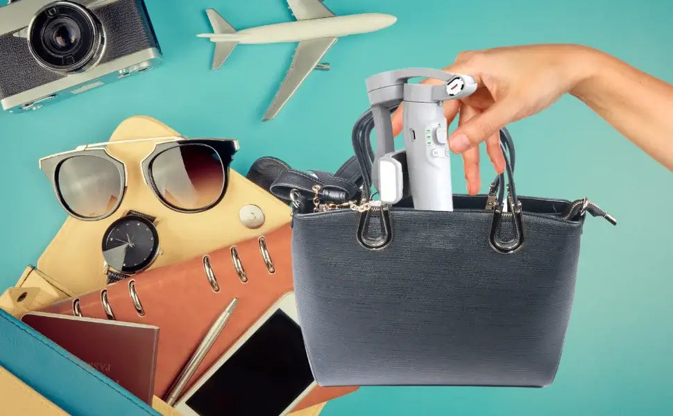 Gimbal estabilizador para móvil 3 ejes en bolso negro con accesorios de viaje y fotografía.