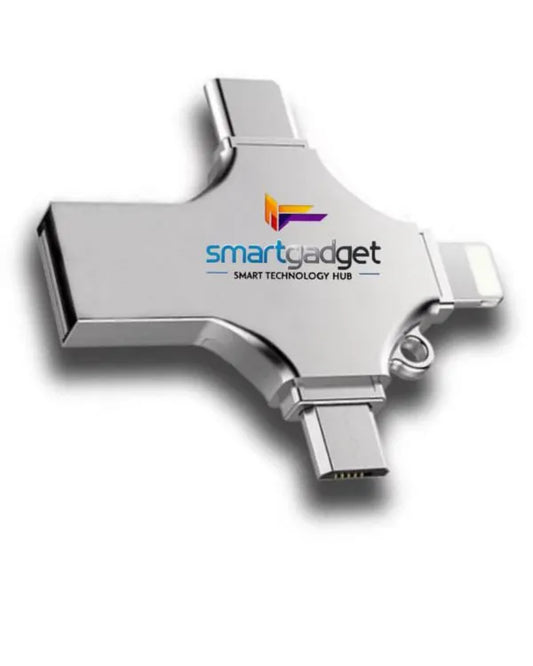 Pendrive USB 4 en 1 64GB con conectores USB-C, USB 3.0, Micro USB y Lightning.