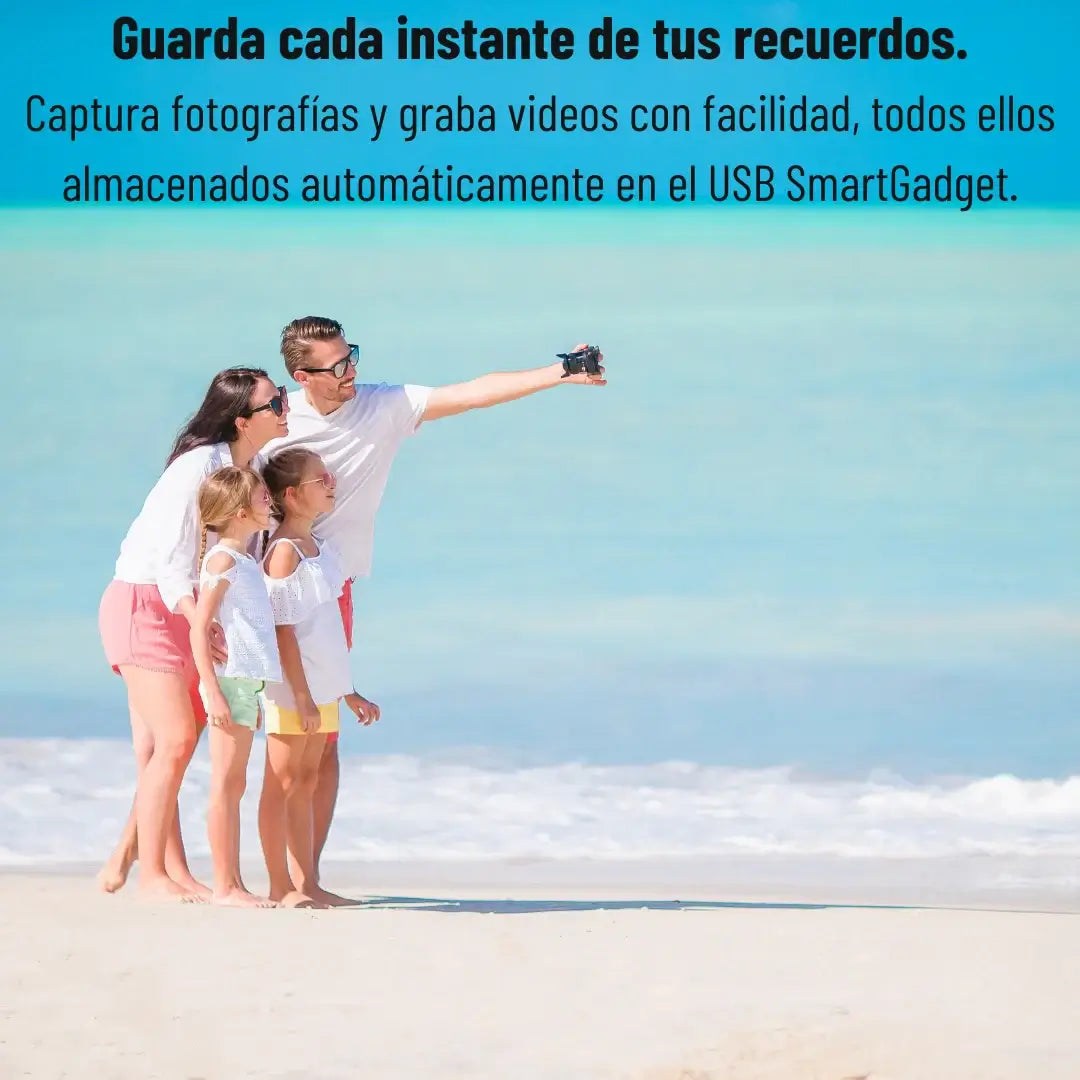 Familia en la playa capturando recuerdos con el pendrive USB 4 en 1 64GB para almacenamiento fácil.